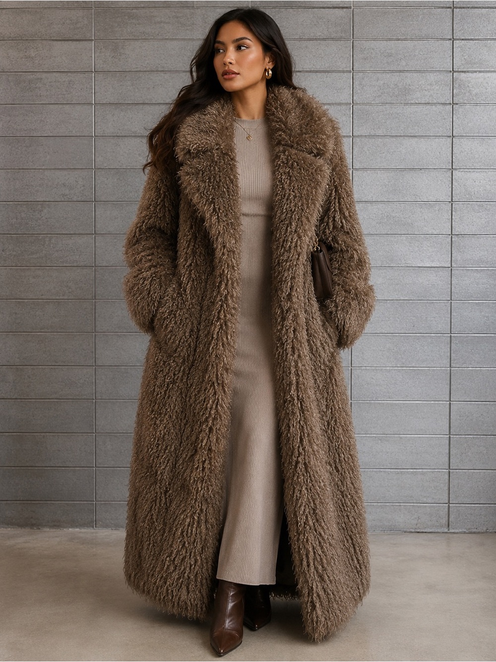 Mocha Luxe Long Faux-Fur Coat